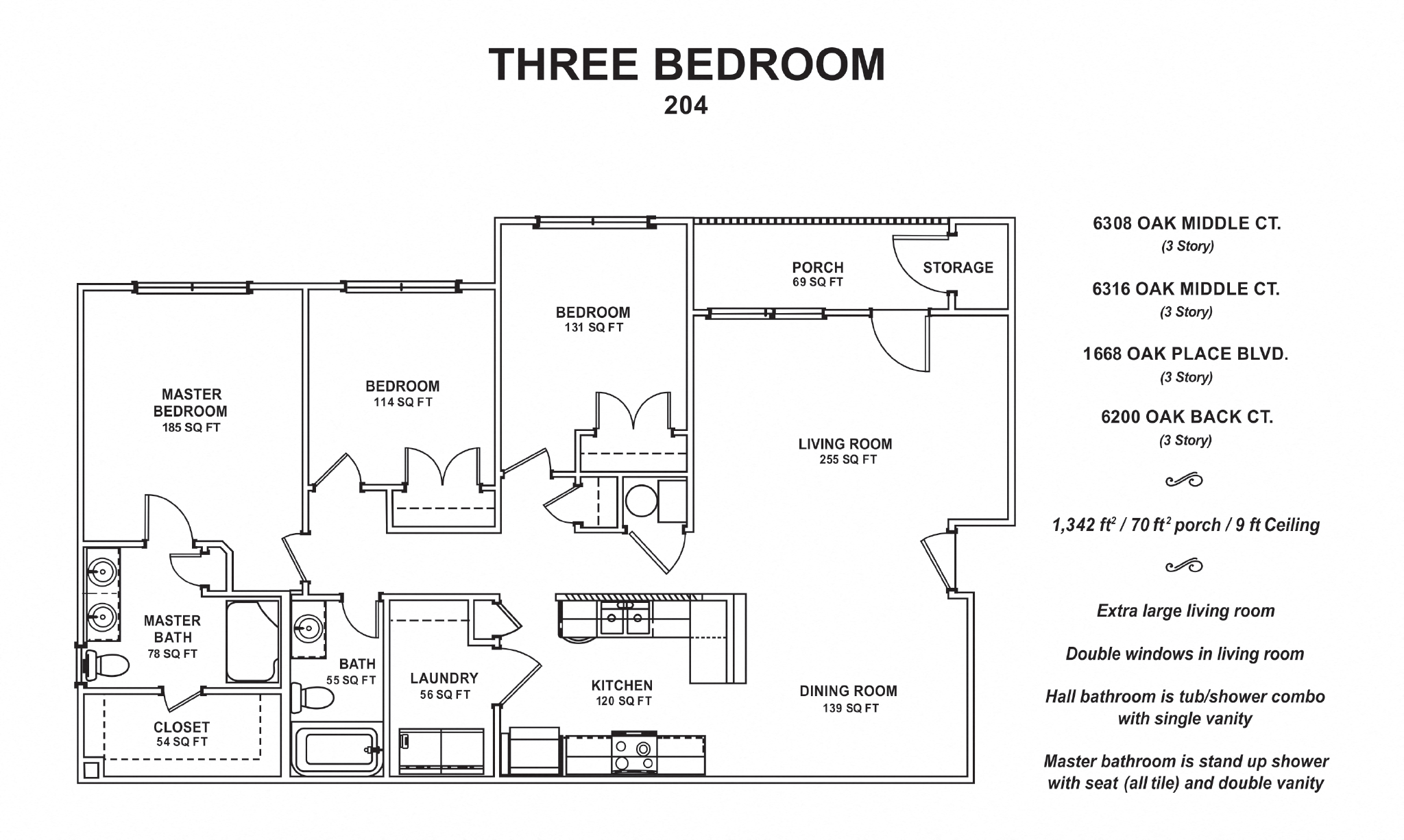 Floor plan for 3 beds, 2 baths, 1342 sqft